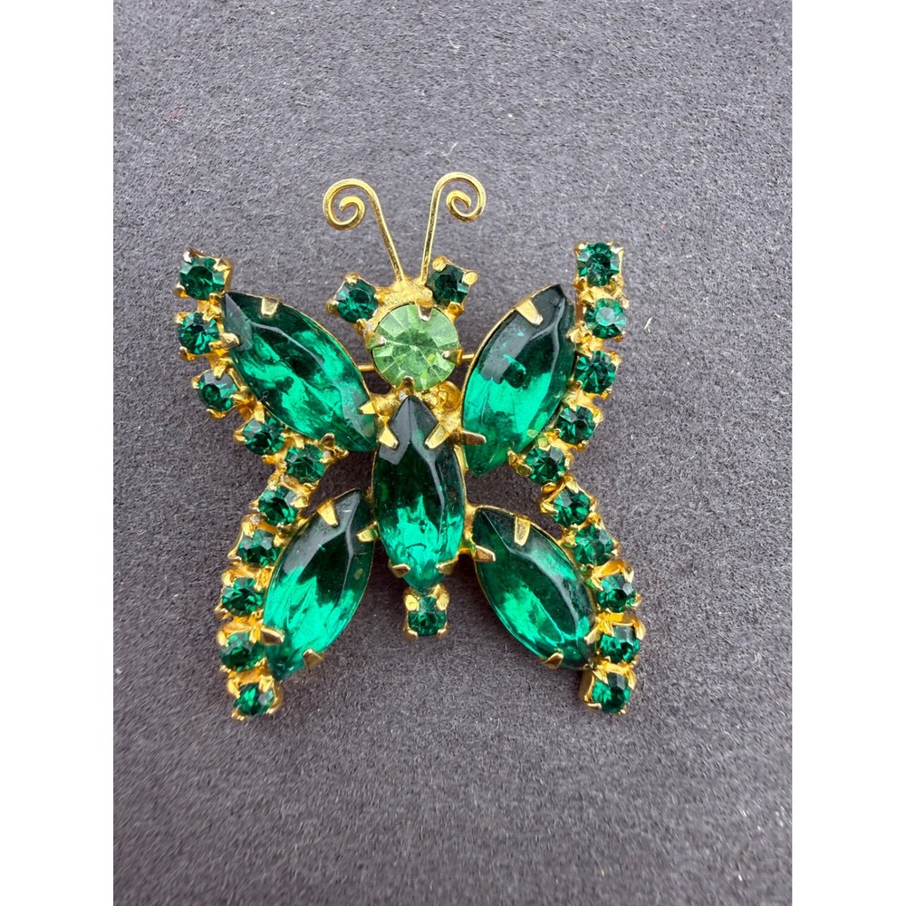 Vintage Butterfly Brooch Green Rhinestone Gold Tone Statement Cottagecore